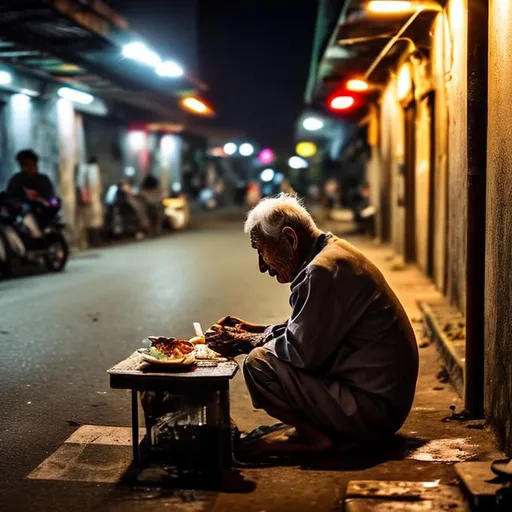 Prompt: an old man having dinner on a roadside alone in the night under a street light