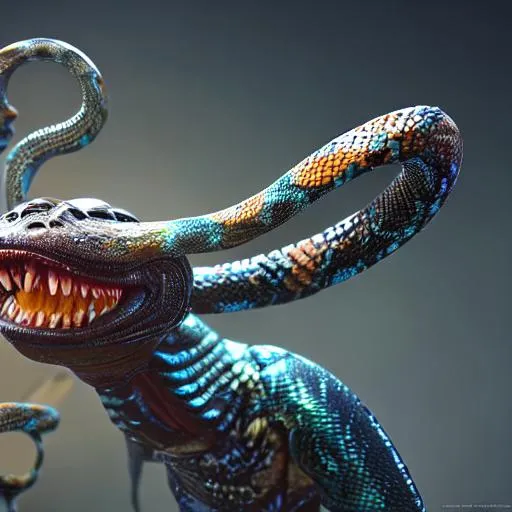 Prompt: alien colorful snake with crystal jewels embedded in the neck and third eye area. Pixar. Octane render. Ultra high res