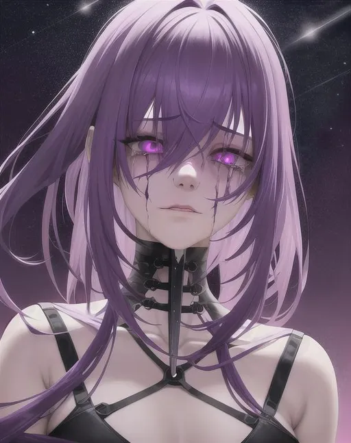 Digital art of a scared anime girl with purple eyes