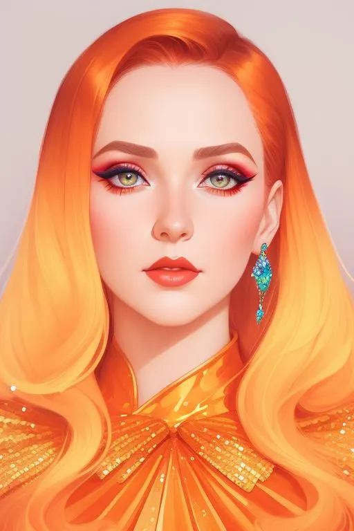 Prompt: Cinematic smooth, Portrait of beautiful woman, old Hollywood silky hairstyle, orange gradient colored, dramatic makeup, beautiful eyes, wearing a fancy sequin dress  by Anna Dittmann, Greg Rutkowski, WLOP, by artgerm, art by James Jean, Atey Ghailan, Andrew Atroshenko, Stanley Artgerm, 4k, digital art, pretty visuals, aesthetic, artstation, unreal engine, shadow effect, insanely detailed and intricate, highly detailed  