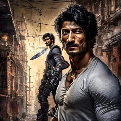 Prompt: oil painting of Vidyut Jammwal , white suite, dark hair, tall height, holding a short bladed knife in his hand in a Sci Fi setting. An old brick city 4K 8K.  Small girl hiding behind him. 