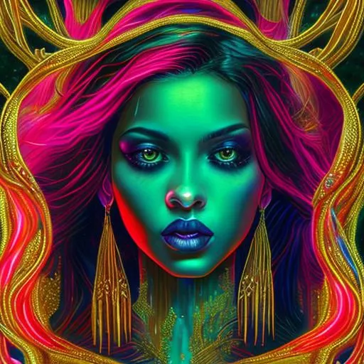 Prompt: highly detailed oil painting | very intricate | cinematic lighting | neon and blood colors | gothic background | a beautiful twinkie, gold glowing skin, long elegant tangles of black hair, hyper realistic masterpiece, highly contrast water color pastel mix, sharp focus, digital painting, pastel mix art, digital art, clean art, professional, contrast color, contrast, colorful, rich deep color, studio lighting, dynamic light, deliberate, concept art, highly contrast light, strong back light, hyper detailed, super detailed, render, CGI winning award, hyper realistic, ultra realistic, UHD, HDR, 64K, RPG, inspired by wlop, UHD render, HDR render