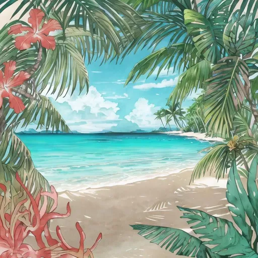 Prompt: Tropical island paradise with palm-fringed beaches sketch in the style of thin black ink outlines, layered textures and patterns, nature-inspired patterns, turquoise blue, sandy beige, lush green, and coral pink, tactile landscapes, soft watercolors, elegant inking techniques