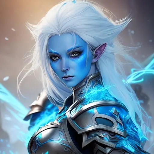 Prompt: splash art of an elven woman with blue skin and white hair, metal armor, channeling healing magic on a human, at night, heroic fantasy art, action shot, special effects, hd octane render