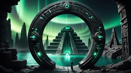 Prompt: magical portal between cities realms worlds kingdoms, circular portal, ring standing on edge, upright ring, freestanding ring, hieroglyphs on ring, complete ring, ancient aztec architecture, atlantis setting, aurora borealis, panoramic view, dark night, futuristic cyberpunk tech-noir setting