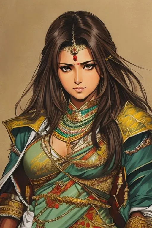 Prompt: Shining Force Concept art (((Yoji Shinkawa))), sticker of ultra detailed portrait of Sadaf Mohammed Sayed  (Indian actress who mainly appears in Telugu, Tamil, and Kannada films)in traditional indian apparel, shoulder armor, high quality cell shaded illustration in post apocalyptic style by Yoji Shinkawa, ((full body portrait)), dynamic pose, perfect anatomy, centered, freedom, soul, blue long hair, approach to perfection, cell shading, 4k , cinematic dramatic atmosphere, watercolor painting, global illumination, detailed and intricate environment, artstation, concept art, fluid and sharp focus, volumetric lighting, cinematic lighting, Art by Yoji Shinkawa,