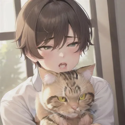 Prompt: lovely cat kissing to boy