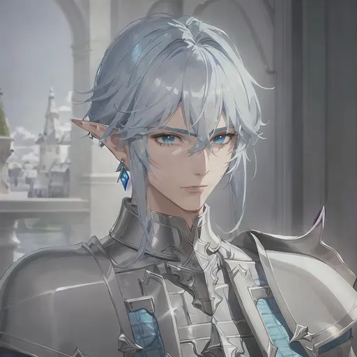 Prompt: male sea elf , light blue medium hair, very handsome thin face, medium  hair, dnd, blue eyes , straight eyebrows, chainmail armor, small pauldrons, earrings, holy emblem, tied up hair, 
perfect composition, photo realistic, super detailed, high quality, sharp focus, studio photo, intricate details, highly detailed