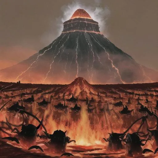 Prompt: War is going on and the hell demon has summoned his minions to win the war. While in war the lava goes gushing down from the volcano and tends to kill all civillians human or not. The whole city has gone in fire and swimming in lava.

