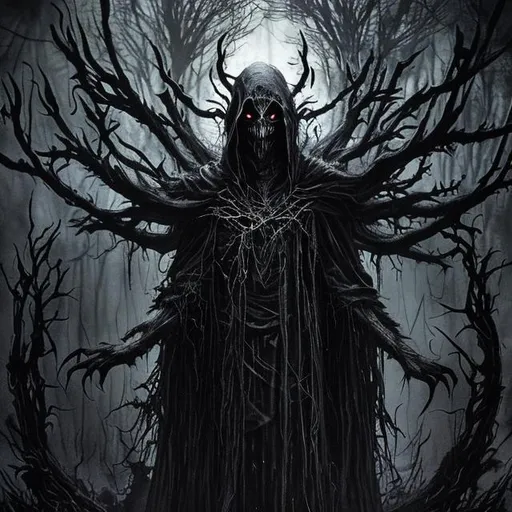 Prompt: 
Nightmare Weaver stands in the center of the artwork, exuding an aura of darkness and malevolence. He is depicted wearing a long, tattered black cloak that billows around him, creating an eerie and unsettling effect. The cloak is adorned with frayed edges and seems to blend with the shadows, as if it is an extension of Nightmare Weaver's own presence.

His figure is gaunt and skeletal, with long, bony fingers extending from his tattered cloak. The fingers have an otherworldly glow, emanating a dim, eerie light. His entire body is covered in a layer of inky darkness, making it difficult to discern any specific features or defining characteristics. This adds to his mystique and aura of fear.

Nightmare Weaver's face is concealed by a mask that amplifies his terrifying presence. The mask is completely featureless, devoid of any eyes, nose, or mouth. However, where the eyes should be, there are two glowing, malevolent orbs of red light, piercing through the darkness. These eyes seem to radiate with an otherworldly power, intensifying the feeling of unease and dread.

A haunting mist swirls around Nightmare Weaver's feet, giving the impression that he is floating slightly above the ground. The mist is thick and ethereal, snaking its way across the artwork, obscuring the environment and adding to the overall sense of foreboding.

In the background, twisted and distorted shapes begin to emerge from the mist. These are the fear manifestations created by Nightmare Weaver, taking form as monstrous creatures and nightmarish visions that represent the deepest fears of his victims. The fear manifestations are depicted in a surreal and grotesque manner, with sharp claws, elongated limbs, and twisted features.

The color palette of the concept art revolves around shades of darkness and deep, ominous tones. The predominant colors are black, charcoal gray, and deep purples, creating a somber and unsettling 