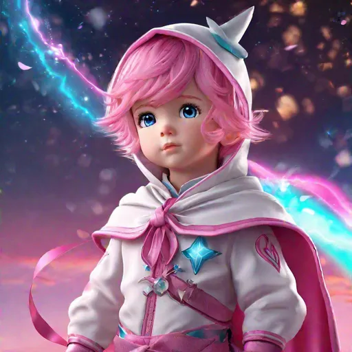 Prompt: 5 year old magical boy,  white shorts with pink outlines and ribbons, a pink cape with a hood, white gloves, magical boy, extremely sky blue eyes, detailed cgi, realistic cgi, (pink hair:1.5), intimidating, serious, (colorful magic:1.5), interesting background, magical background, epic, powerful, cute, perfect pink bow tie, childish, 5 year old, boy, boyish, magical, masculine, extreme magic, (casting magic spells:1.5), extreme detail, spells, 