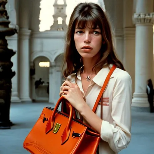 Prompt: Highest quality picture of a young Jane Birkin in a Wes Anderson Movie wearing the Birkin Hermes bag 