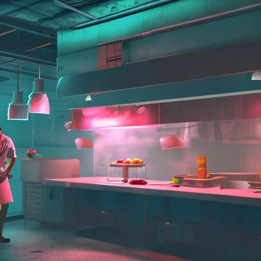 Prompt: Chef cooking in a fallout kitchen lit with pink fluorescent lighting,  photorealistic, octane render, 24mm lens