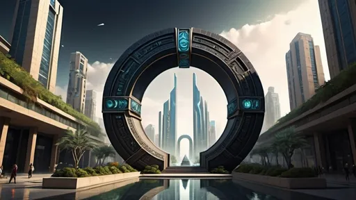 Prompt: magical portal between cities realms worlds kingdoms, circular portal, ring standing on edge, upright ring, freestanding ring, hieroglyphs on ring, complete ring, ancient babylonian architecture, gardens, hotels, office buildings, shopping malls, large wide-open city plaza, angled view, futuristic cyberpunk tech-noir setting