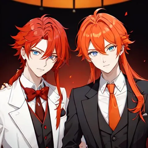 Prompt: Zerif 1male (Red side-swept hair covering his right eye) and Erikku 1male (orange hair, blue eyes) wearing suits at a wedding