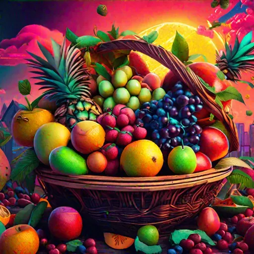 Prompt: classic fruit basket filled with a variety of fruits and some fruits surrounding the basket, cyberpunk, trippy sky, vibrant colors, HD, 4K, professional brush work, detailed, cinematic shot, better