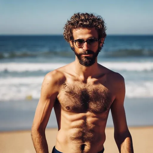 Prompt: Starking-looking man with beard, glasses, skinny, shirtless, on beach, nu, beard, curly hair, mediterranean, angel faces, symétrie, lonely, limelight 