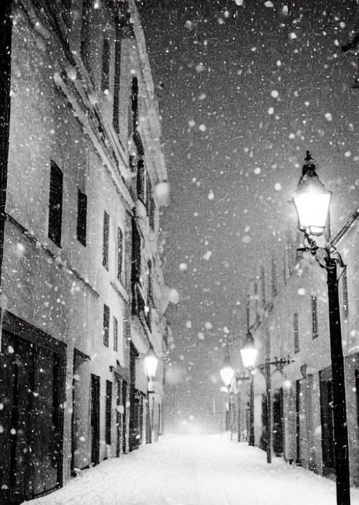 Prompt: empty street night winter snowing old town yellow streetlight black and white 