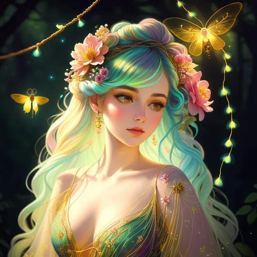 Prompt: front view painting of a beautiful girl, style of fragonard and Yoshitaka Amano (pastel hair with flowers, messy), ropes, ((forest background)), bioluminescent, (wearing intricate clothes), delicate, soft, fireflies, webs, silk, threads, ethereal, luminous, glowing, dark contrast, celestial, ribbons, trails of light, 3D lighting, soft light, vaporwave