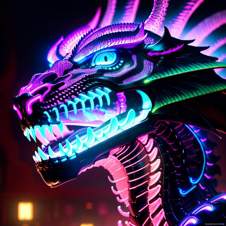 Portrait of a roaring neon skeleton dragon with irid... | OpenArt