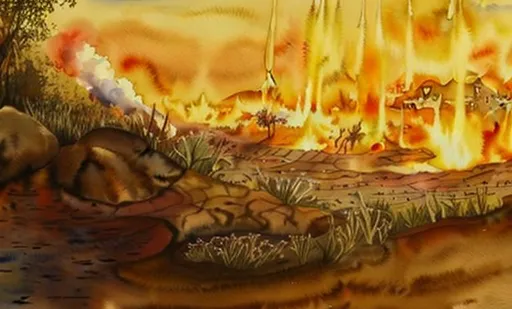 Prompt: watercolour painting ancient  burning town, meteorites