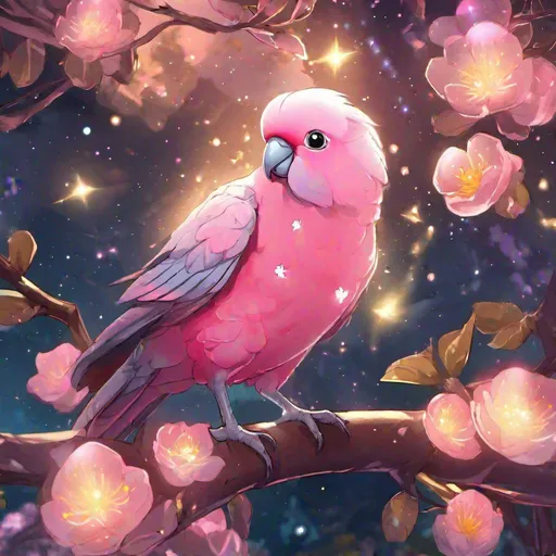 Prompt: A chibi translucent galah that is glowing, in a eucalypt tree with buttercups, sparkles trailing behind, beneath the stars, bioluminescent, highres, best quality, concept art