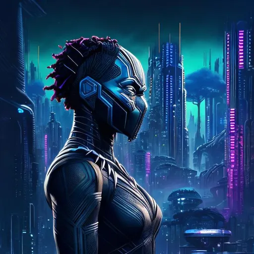 Prompt: Afro-futuristic nightscape, inspired by Black Panther, highres, ultra-detailed, futuristic, cyberpunk, neon lighting, vibrant colors, Wakanda-inspired cityscape, detailed architecture, glowing tribal patterns, sleek and modern design, professional, atmospheric lighting