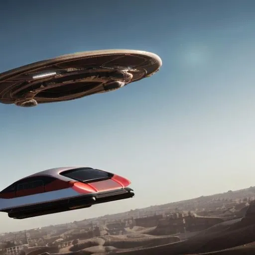 Prompt: A hover car flying over egyptian pyramids.Its 3,000 feet in the air. The car is futuristic, slick, realistic and has a spoiler. It has all the things a regular sports car has.
