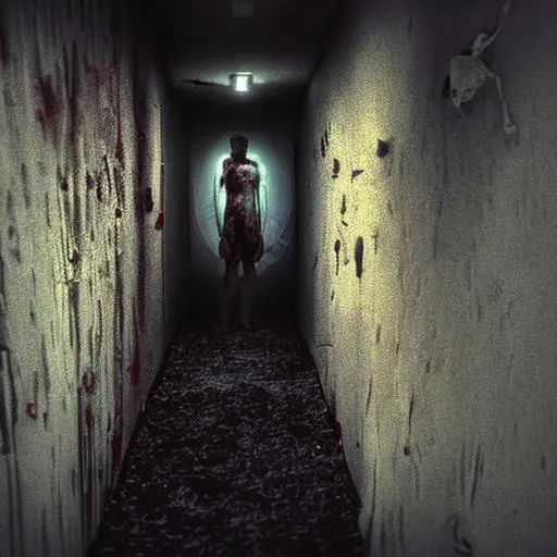 Prompt: terrifying entity with asymmetrical damaged body and asymmetrical creepy face standing menacingly in the dark corridor, found footage, , dark lighting, gloomy, terrifying, nightmare, analog horror