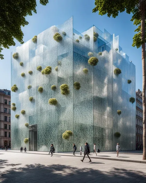 Prompt: award winning street photography of a beautiful Glass building, with translucent voynich flora paper façade, most beautiful building in the world, 16k, uhd photorealistic, iwan baan photography 