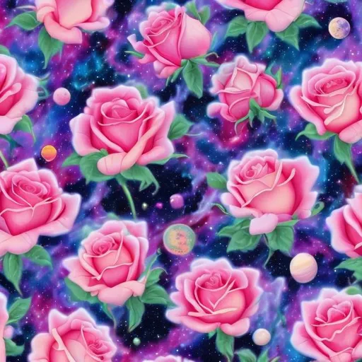 Prompt: Pink roses in outer space in the style of Lisa frank