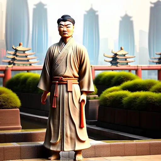 Prompt: A modern living Asian person who resembles a terra cotta warrior in a mix of hanfu and a business suit, scenic landscape, bustling city