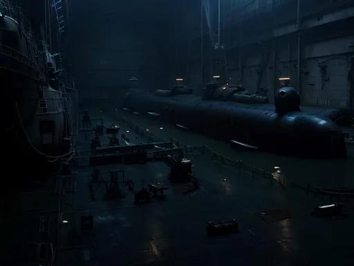 Prompt: Dark Submarines in drydock