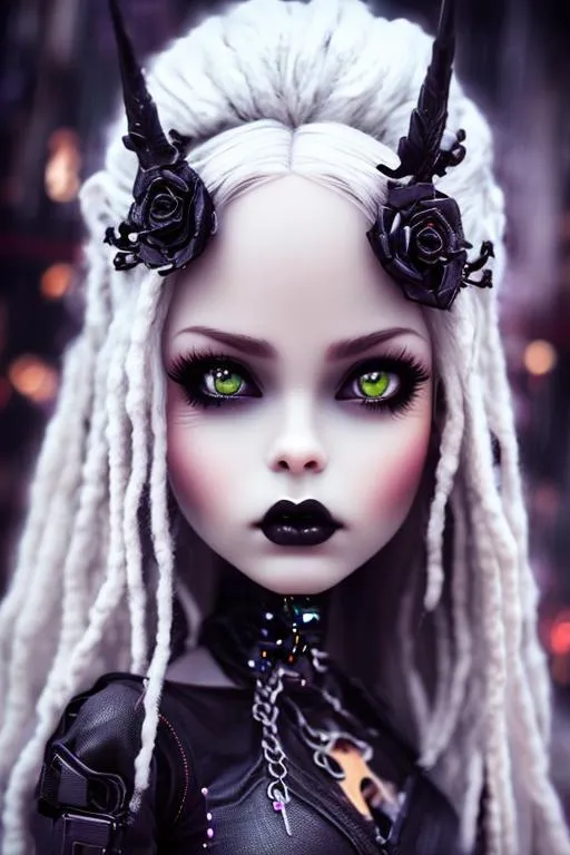 Prompt: beautifull woman,dark,goth,close up portrait,dreamy eyes,rasta blond hair,elegant,cyber punk,barbie,anime,dream,romance,gothic,black,steampunk,strong