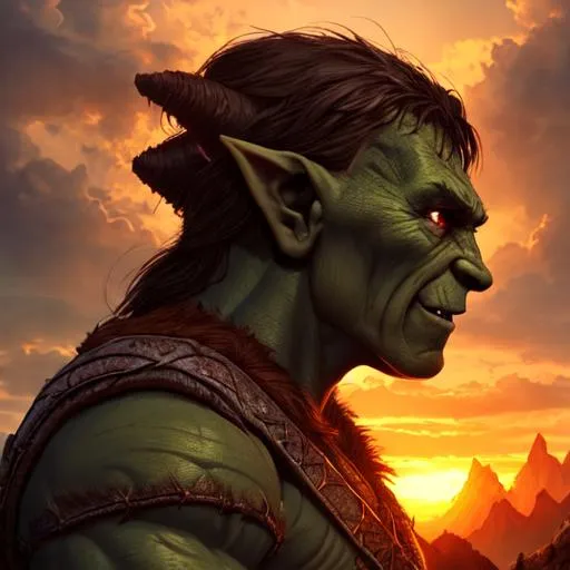 Prompt: orc, human, elf, halfling, cover photo, epic, highly detailed, sunset, illustrated, dramatic, UHD, 4K, professional, beautiful faces, perfect composition 