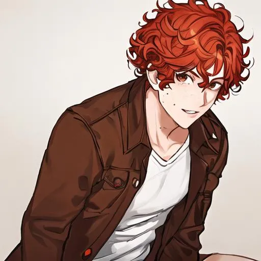 Prompt: male, red curly hair, freckles, brown eyes