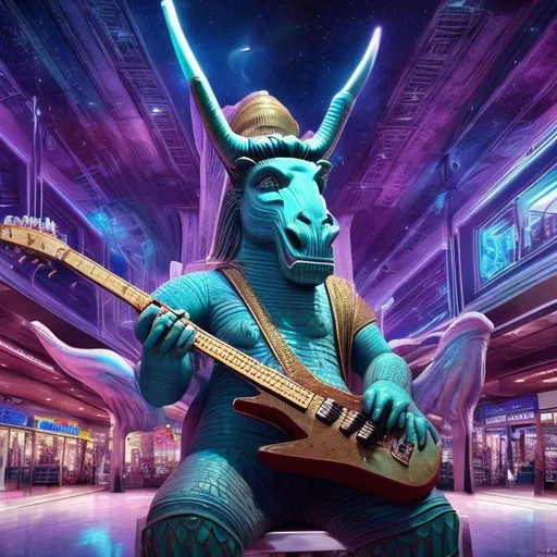 Prompt: Assyrian Lamassu playing guitar in an alien mall, widescreen, infinity vanishing point, galaxy background, surprise easter egg