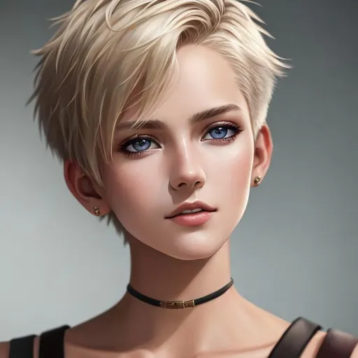 Prompt: Portrait photo, 20 years old, tomboy, short blonde hair with dark brown undercut, tasteful white punk clothes, heavenly beauty, 8k, 50mm, f/1. 4, high detail, sharp focus, perfect anatomy, highly detailed, detailed and high quality background, oil painting, digital painting, Trending on artstation, UHD, 128K, quality, Big Eyes, artgerm, highest quality stylized character concept masterpiece, award winning digital 3d, hyper-realistic, intricate, 128K, UHD, HDR, image of a gorgeous, beautiful, dirty, highly detailed face, hyper-realistic facial features, cinematic 3D volumetric, illustration by Marc Simonetti, Carne Griffiths, Conrad Roset, 3D anime girl, Full HD render + immense detail + dramatic lighting + well lit + fine | ultra - detailed realism, full body art, lighting, high - quality, engraved |