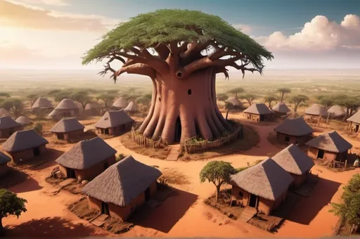 Prompt: Fantasy Illustration of a big savanna settlement, african houses made of clay, roofs made from wood, in the middle of the settlement stands a huge baobab tree, a hedge of thorny bushes surrounding the settlement, birdview, dramatic fantasy settlement scene, cinematic lighting