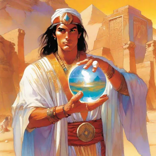 Prompt: "a painting of a man holding a crystal ball, mtg card trading, as illustrated in top cow comics, 1993 video game cover, wearing flowing robes, egypt themed art, the sands of time, dressed as an oracle, ancient tribe, brimming with energy, iram of the pillars, royo"