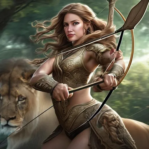 Prompt: Hyper realistic female Sagittarian Archer with green eyes, full lips, brown long hair shooting bow and arrow while riding on a huge muscular lion through a forest.