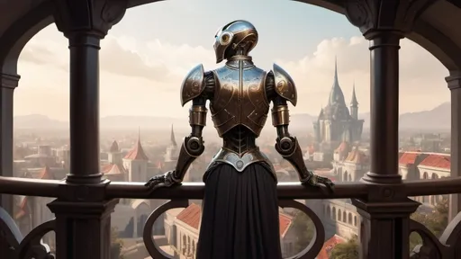 Prompt: a slender warforged automaton stands with back to camera on a large round balcony with a solid railing looking out over a fantasy city paradise during the age of arcanum 