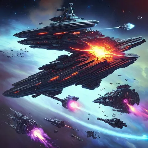 Prompt: star ship  wreck sci-fi space battle epic fleet damage explosion fire everything

