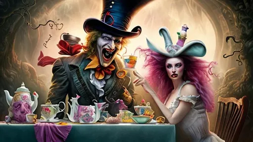 Prompt: Hyper realistic image in the style of Boris Vallejo fantasy of demonic mad hatter and twisted alice at a tea party dark cinematic 8k