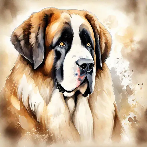 Prompt: Anthorbred Avalanche Dog which is a saint Bernard, brown and white patched fur, dark brown ears, dark brown eye rings, collar with a healing container, masterpiece, best quality, (in watercolor painting style)