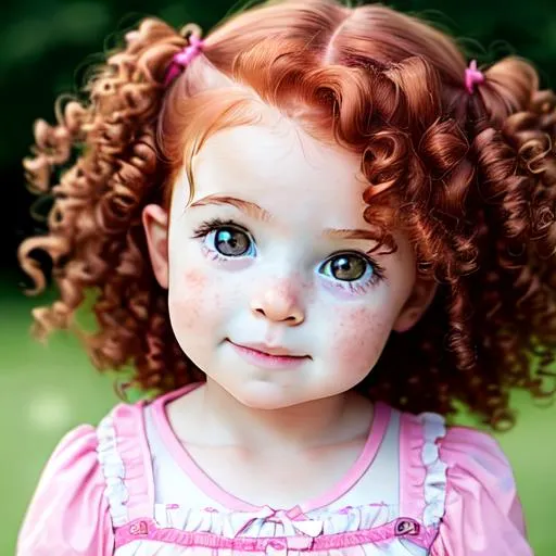 Prompt: portrait of an adorably cute female child with curly auburn hair, wearing pink