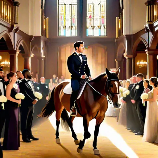 Prompt: Caleb  as a police officer (brown hair) (brown eyes) wearing a tuxedo, full body, riding a horse, pulling back on the reins, making the horse on its hind legs rearing  up, two large doors directly behind him, center, front-facing, stopping a wedding, objecting, still image, standing in the altar room