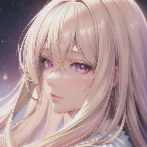 Prompt: (masterpiece, illustration, best quality:1.2), 1girl, blonde hair, hair between eyes, pink eyes, soft, mean face, best quality face, best quality, best quality skin, best quality eyes, best quality lips, ultra-detailed eyes, ultra-detailed hair, ultra-detailed, illustration, colorful, night, space, soft glow, profile picture