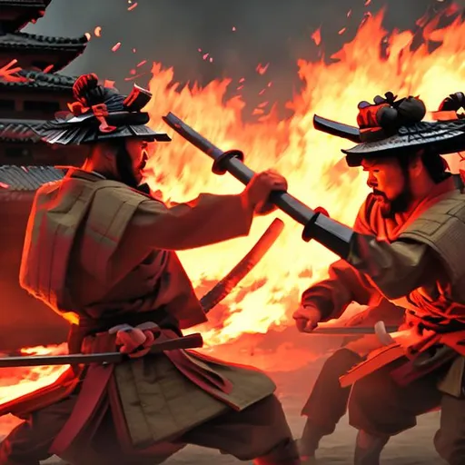 Prompt: samurai battle with fire in the background