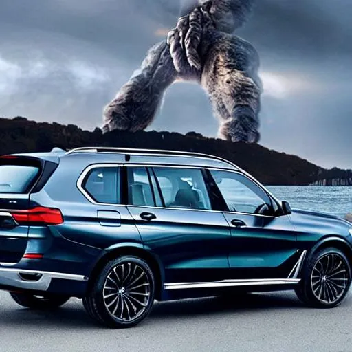 Prompt: BMW X7, STEEL BLUE COLOR, same on fire with Godzilla in the background